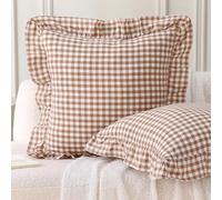 Aryeleay 2 Pack Khaki White Plaid Ruffle Throw Pillow Covers 18x18 inches, 100% Cotton Gingham Checkered Farmhouse Decorative Pillow Shams for Bed/Sofa (18x18 inches, Khaki/White Plaid)