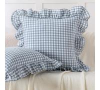 Aryeleay 2 Pack Light Blue White Plaid Gingham Ruffle Pillow Shams, 100% Washed Cotton Checkered Farmhouse Pillow Covers for Bed/Sofa-18 x18