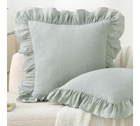 Aryeleay 2 Pack Pile Green White Plaid Gingham Ruffle Pillow Shams, 100% Washed Cotton Checkered Farmhouse Pillow Covers for Bed/Sofa-18 x18