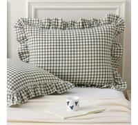 Aryeleay 2 Pack Sage Green White and Brown Plaid Gingham Ruffle Pillow Shams Standard Size, 100% Washed Cotton Checkered Farmhouse Pillow Covers for Bed/Sofa-20 x26