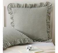 Aryeleay 2 Pack Sage Green White Plaid Gingham Ruffle Pillow Shams, 100% Washed Cotton Checkered Farmhouse Pillow Covers for Bed/Sofa-24 x24