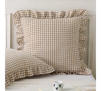 Aryeleay 2 Pack Taupe White Plaid Gingham Ruffle Pillow Shams, 100% Washed Cotton Checkered Farmhouse Pillow Covers for Bed/Sofa-24 x24