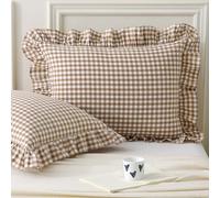 Aryeleay 2 Pack Taupe White Plaid Gingham Ruffle Pillow Shams Queen Size, 100% Washed Cotton Checkered Farmhouse Pillow Covers for Bed/Sofa-20 x30