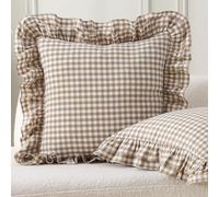 Aryeleay 2 Pack Taupe White Plaid Ruffle Throw Pillow Covers, 100% Cotton Gingham Checkered Farmhouse Decorative Pillow Shams for Bed/Sofa-18 x18