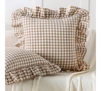Aryeleay 2 Pack Taupe White Plaid Ruffle Throw Pillow Covers, 100% Cotton Gingham Checkered Farmhouse Decorative Pillow Shams for Bed/Sofa-18 x18