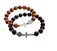 ARYIMYDP 2 Catholic Cross Bracelets for Communion, Christening, Mass and Bible - Elastic Bracelet with Round Wooden Medallion in Cross Shape, Catholic Rosary, Men's Bracelet, Bible Evangelical