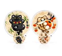 ARYIMYDP 2 Round Hand Fans Lucky Cat Motifs Black & Orange Folding Fan Set for Prosperity & Health Easy to Cool at Wedding, Party & Summer Photo