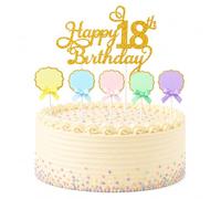 ARYIMYDP Cake Decoration 18th Birthday Boy Girl Glitter Gold, Includes a Cake Card with the Inscription "Happy 18th Birthday" and 5 Writable Cake Cards in Various Colours