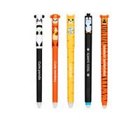 ARYIMYDP Set of 5 Erasable Gel Pens with Thermosensitive Eraser Ink, 0.7mm Tip, Assorted Ink Colours and Barrel Designs, Penguins, Cats, Pandas, Tigers, Monkeys