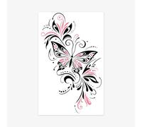 ARYU Colorful Butterfly Floral Temporary Tattoo Stickers, Pink and Black Design, 12x19cm, 6 Pack, Waterproof Body Art Decals, Lasts 3-7 Days