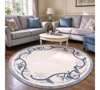 Arzunsy Blue Marble Floral Round Area Rug for Dining Room Rugs 180cm | Ivory Slate Botanical Mat Covering Non Slip Carpet Washable Vacuum-Friendly Soft Durable for Bedroom Living Room Entryway