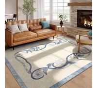 Arzunsy Blue Vine Floral Area Carpet for Kids Playroom Cream 160x230cm | Marble-textured border Machine Washable Non-Slip Mat Foldable Low-Pile for Nursery Kids Room Living Room Bedroom