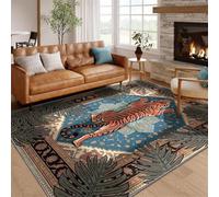 Arzunsy Dark Blue Vintage Tiger Area Rug 80x150cm,Washable Animal Carpet | Tropical Palm Leaf Low Pile Carpet, Washable Non-Slip Animal Print Mat for Bedroom, Home Office & Maximalist Aesthetic
