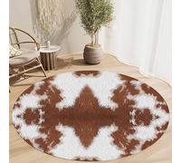 Arzunsy Faux Cowhide Round Rug 200cm, White & Brown Cow Print Circle Carpet, Washable Non-Slip Faux Fur Mat for Living Room, Bedroom & Study