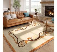 Arzunsy Modern Scrollwork Floral Rug Cream Brown Indoor Rugs 80x150cm | Marble-textured border Area Rug Machine Washable Non-Slip Mat Foldable Low-Pile for Nursery Kids Room Living Room Bedroom