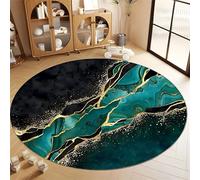 Arzunsy Washable Round Rugs 200cm - Abstract Marble Round Rug，Green Teal & Gold Luxury Carpet, Machine Washable Circular Floor Mat for Living Room, Bedroom, Home Office & Dining