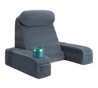 AS AWESLING Reading Pillow for Adults, Back Pillow for Bed Sitting Up, Backrest Cushion for Sitting in Bed, Detachable Arms with Built-in Cup & Phone Caddy (DARK GREY-CORDUROY, 21 INCH)