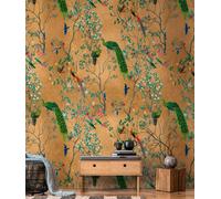 As Creation Bricoflor Non-Woven Wallpaper, Chinoiserie Wallpaper, Bird In Brown, Multicoloured, Green - 1,59 X 2,8 M