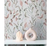 As Creation Bricoflor Non-Woven Wallpaper, Leaf & Palm Wallpaper, Floral, Scandinavian In Grey, Green, Pink - 10,05 X 0,53 M