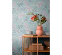 As Creation Bricoflor Non-Woven Wallpaper, Leaf & Palm Wallpaper In Blue, Pink - 10,05 X 0,53 M