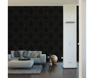 AS Creation Flock Floral Damask Pattern Modern Metallic Embossed Leaf Motif Roll Wallpaper [BLACK 255426]