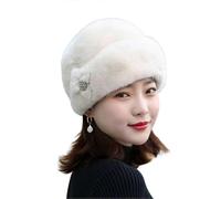 (As show, Beige) Winter Hat Russian Faux Rabbit Fur Flower Decor Thickened Luxury Keep Warm Solid Color Autumn Winter