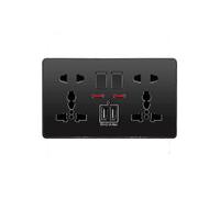 (As show, Gold) Multifunction Uk 13a Wall Socket Push Button 2.1a Double Usb Charging Ports Three-hole Two-hole Home Zekai