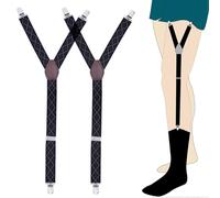(As show, One size) 1 Pair (Red and White Grid on Black Background, Approx 2.5*80cm) Men's Adjustable Elastic Garter Straps Military Style Non-Slip Y-Style