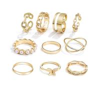 (As show, One size) 10Pcs Adjustable Ring Set, Ladies Punk Geometric Simple Ring, Butterfly Pearl Ring