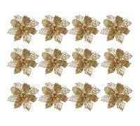 (As show, One size) 12 pcs Christmas Flower Poinsettias Glitter Poinsettia Artificial Christmas Poinsettia Christmas Tree Ornaments Christmas Decorations Flower (Gold)