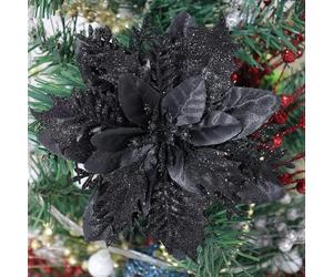 (As show, One size) 12 Pcs Poinsettia Artificial Christmas Flower Decorations with Clips and Stems Glitter Christmas Poinsettia Decorations for Christmas Tree Ornaments W