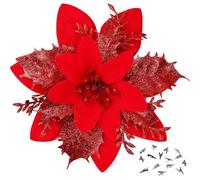 (As show, One size) 15 Pcs Red Poinsettia Artificial Flowers Glitter Artificial Christmas Flowers Decorations with Clips for Xmas Tree Ornaments Wedding Party Wreath Deco