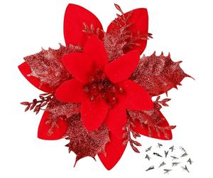 (As show, One size) 15 Pcs Red Poinsettia Artificial Flowers Glitter Artificial Christmas Flowers Decorations with Clips for Xmas Tree Ornaments Wedding Party Wreath Deco