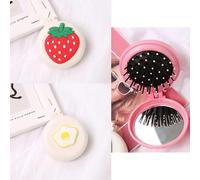 (As show, One size) 2 Packs Strawberry + Egg Foldable Travel Mirror Hair Brushes Portable Round Folding Pocket Hair Brush Mini Hair Comb Travel Size Compact Hair Massage