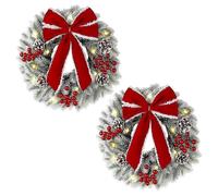 (As show, One size) 2 Pcs Lighted Christmas Wreaths, 9.8 Inch Pre-Lit Mini Xmas Wreath with Red Bow, Pine Needle Wreath