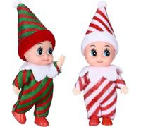(As show, One size) 2 Pieces Christmas Elf Doll Small Baby Twins in Bib Pants and Bodysuit Miniature Accessories Green Red Elf Toy