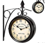 (As show, One size) 2024 New Two Sided Train Station Wall Clock Black Vintage Design Clock Watch