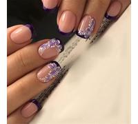 (As show, One size) 24 Pcs French Tip Press On Nail Short Square False Nail Flowers Acrylic Nail Simple Full Cover Stick On Nail