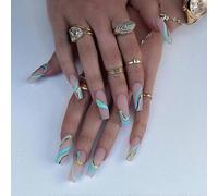 (As show, One size) 24Pcs Coffin Fake Nails, Matte Extra Long Ballerina False Nails, Blue & Gold Wave Press on Nails with Design for Women and Girls.Note:No glue.