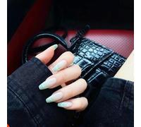 (As show, One size) 24Pcs French Nails Coffin Fake Nails Glossy Gradient Green False Nails with Simple Edge Design Full Cover Acrylic Nails for Women and Girls.Note:No gl