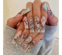 (As show, One size) 24Pcs Long Coffin Press on Nails, Matte Ballerina Graffiti Fake Nails, Abstract Lady Face Rose Leaf with Design False Nails for Women and Girls.Note:N