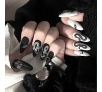 (As show, One size) 24pcs Matte Fake Nails Medium Almond Acrylic Nails Art Punk False Nails for Party and Home DIY (Black & White)Note:No glue.