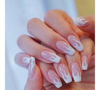 (As show, One size) 24Pcs Medium Coffin Fake Nails Pink White Flame False Nails Glossy Ballerina Press on Nails for Women and Girls.Note:No glue.