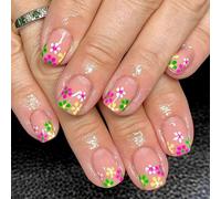 (As show, One size) 24Pcs Square Fake Nail Press On Nail Artificial Nail False Nail Glues On Nail with Flower Designs French Nail Tips