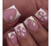 (As show, One size) 24Pcs Square Press on Nail Glossy Design French Fake Nail Acrylic False Nail,Artificial Nail Glues on Nail for Women