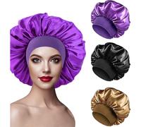 (As show, One size) 3 Satin Nightcaps, (black, Coffee, Dark Purple) Silk Nightcaps Satin Nightcaps Female Nightcaps Elastic Protection For Long Curly Hair