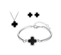 (As show, One size) 3pcs Rose Gold Four Leaf Clover Necklace Set Bacelets Earrirng Necklace Jewelry Simple Double Sided Pendant For Women Girl Teen Gift