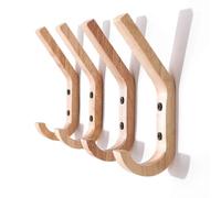 (As show, One size) 4 Pieces Rubber Wood Wall Hooks Coat Hooks Double Hook Coat Racks, 16 x 6 x 2.5 cm