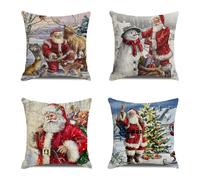 (As show, One size) 4pcs Christmas Pillow Case Cotton Linen Cushion Covers 45x45cm Santa Claus and Animals Cute Cartoon Pillow Decoration for Cars Sofas