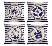 (As show, One size) 4pcs Cushion Cover Sailing Navigation Compass Decorative Cushion Cover Cotton Linen Throw Pillowcases 45x45cm